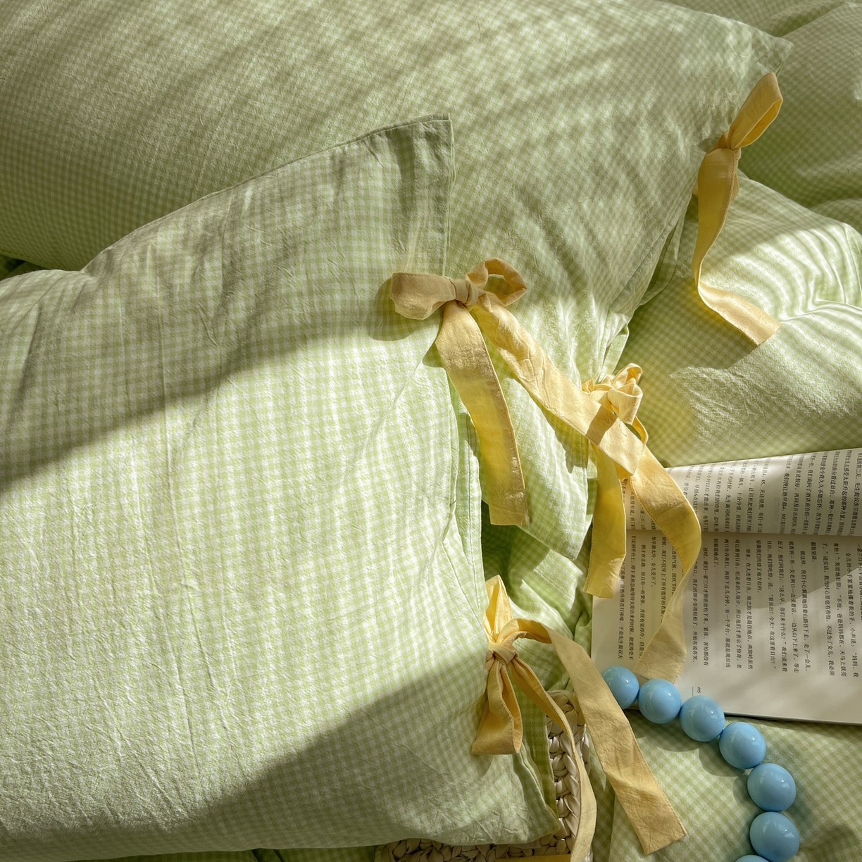 91家纺网 家纺一手货源 找家纺 繁花家居 2025新款超软少女手札系列学生季三件套四件套 少女-绿格+奶油黄