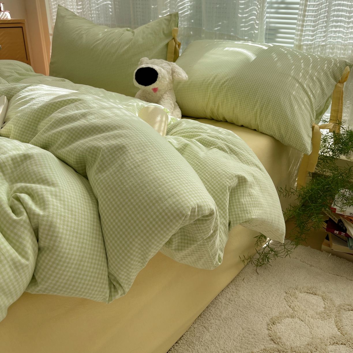 91家纺网 家纺一手货源 找家纺 繁花家居 2025新款超软少女手札系列学生季三件套四件套 少女-绿格+奶油黄