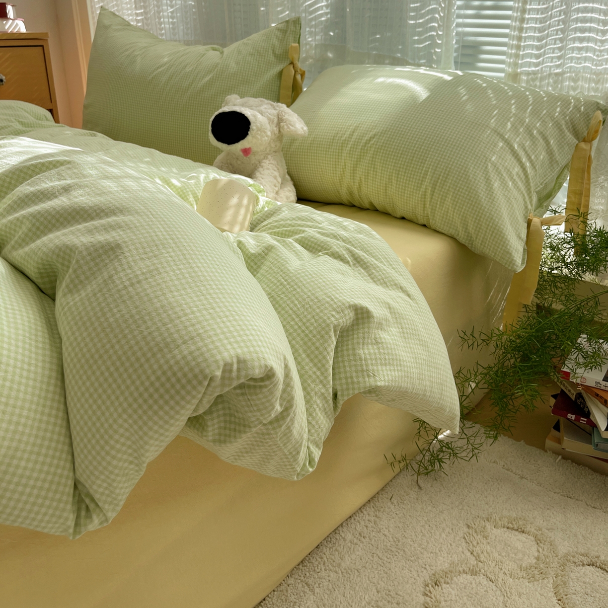 91家纺网 家纺一手货源 找家纺 繁花家居 2025新款超软少女手札系列学生季三件套四件套 少女-绿格+奶油黄