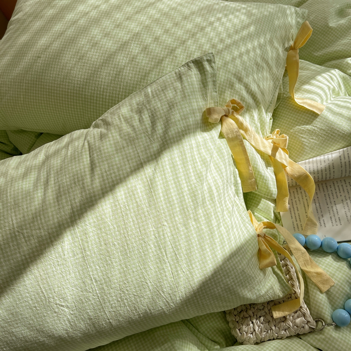 91家纺网 家纺一手货源 找家纺 繁花家居 2025新款超软少女手札系列学生季三件套四件套 少女-绿格+奶油黄