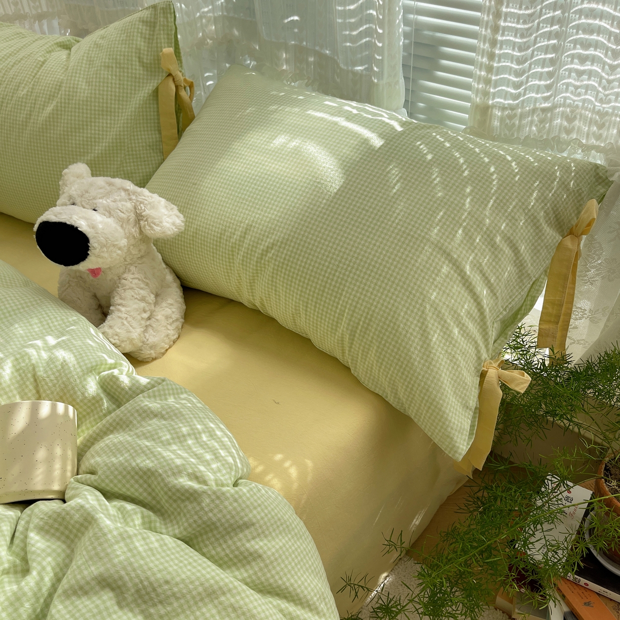 91家纺网 家纺一手货源 找家纺 繁花家居 2025新款超软少女手札系列学生季三件套四件套 少女-绿格+奶油黄