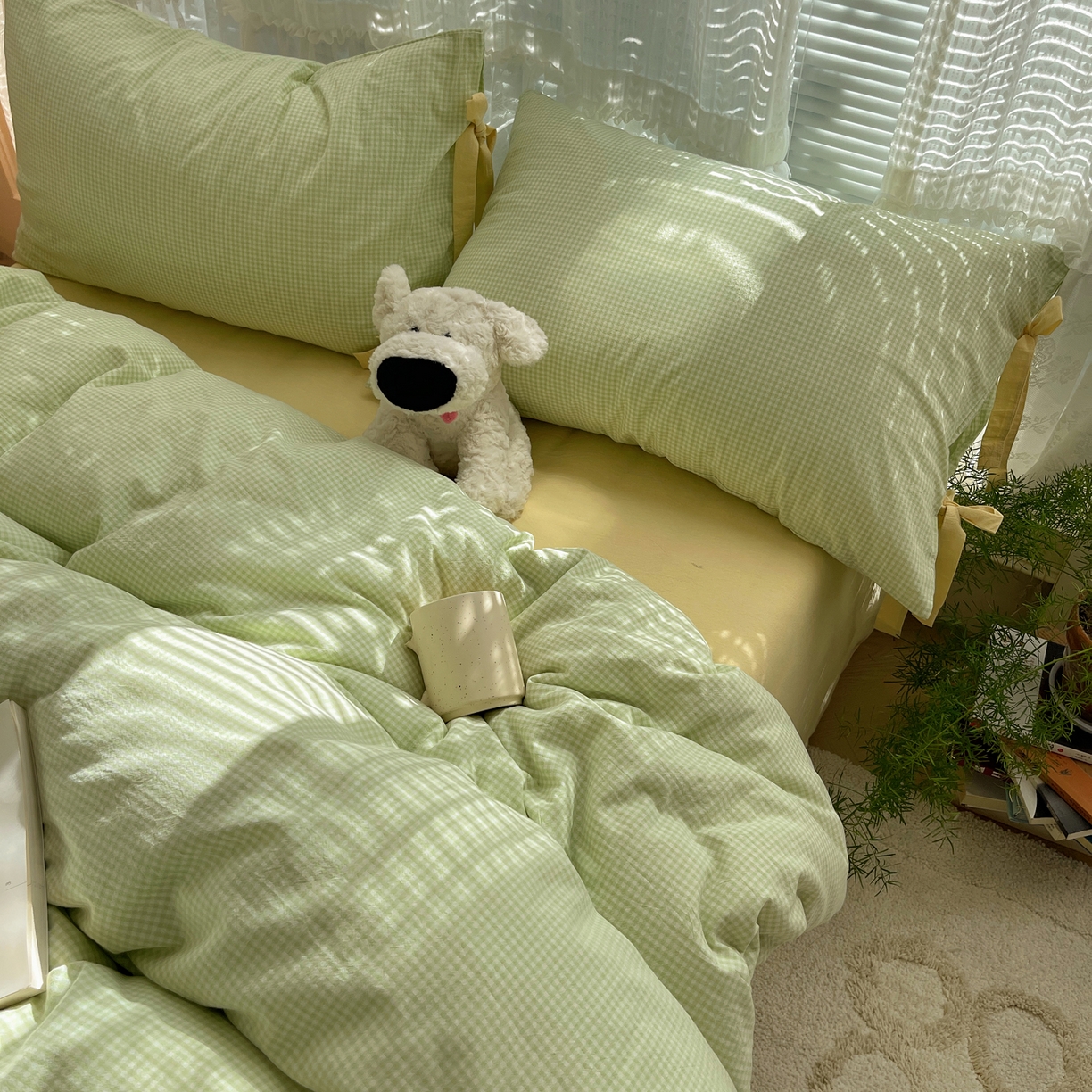 91家纺网 家纺一手货源 找家纺 繁花家居 2025新款超软少女手札系列学生季三件套四件套 少女-绿格+奶油黄