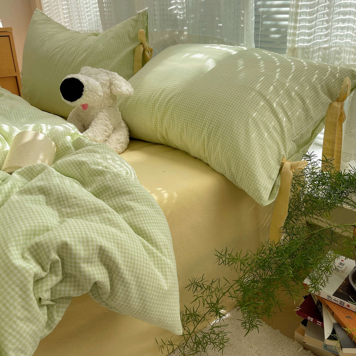 91家纺网 家纺一手货源 找家纺 繁花家居 2025新款超软少女手札系列学生季三件套四件套 少女-绿格+奶油黄