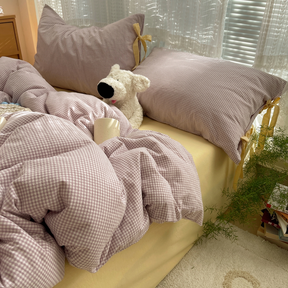 91家纺网 家纺一手货源 找家纺 繁花家居 2025新款超软少女手札系列学生季三件套四件套 少女-紫格+奶油黄