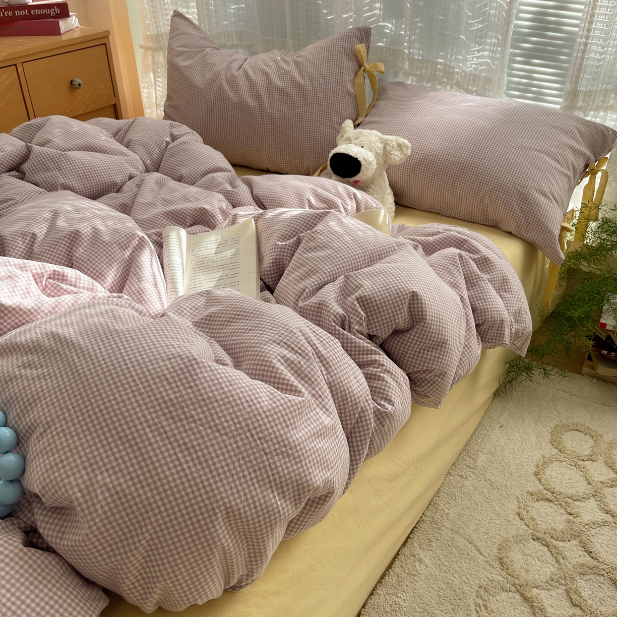 91家纺网 家纺一手货源 找家纺 繁花家居 2025新款超软少女手札系列学生季三件套四件套 少女-紫格+奶油黄