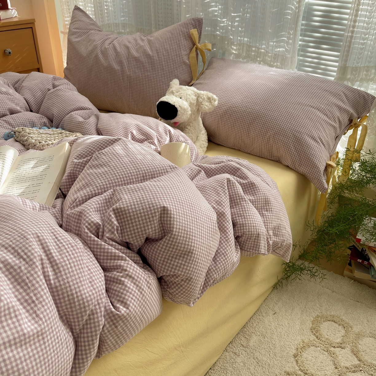 91家纺网 家纺一手货源 找家纺 繁花家居 2025新款超软少女手札系列学生季三件套四件套 少女-紫格+奶油黄