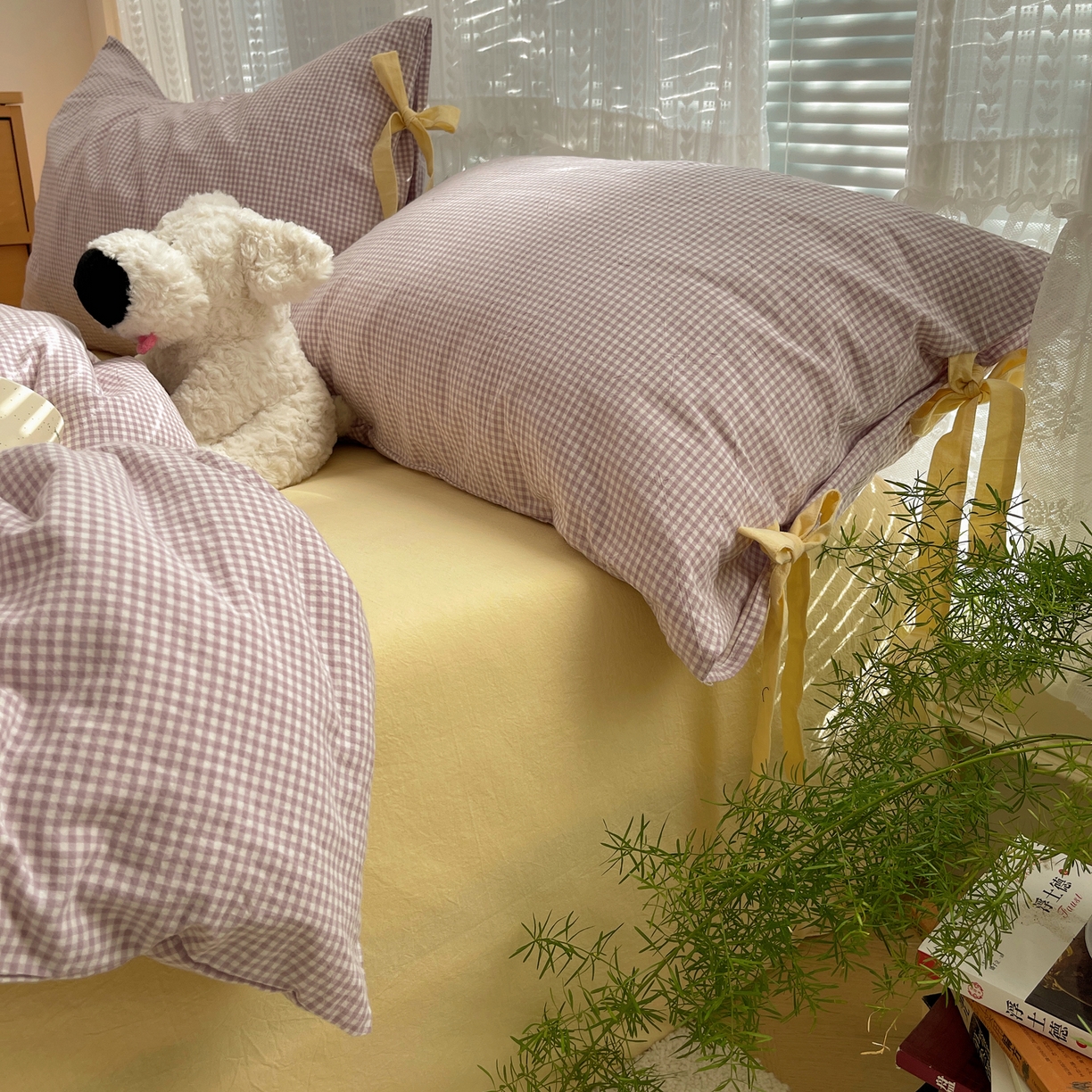 91家纺网 家纺一手货源 找家纺 繁花家居 2025新款超软少女手札系列学生季三件套四件套 少女-紫格+奶油黄