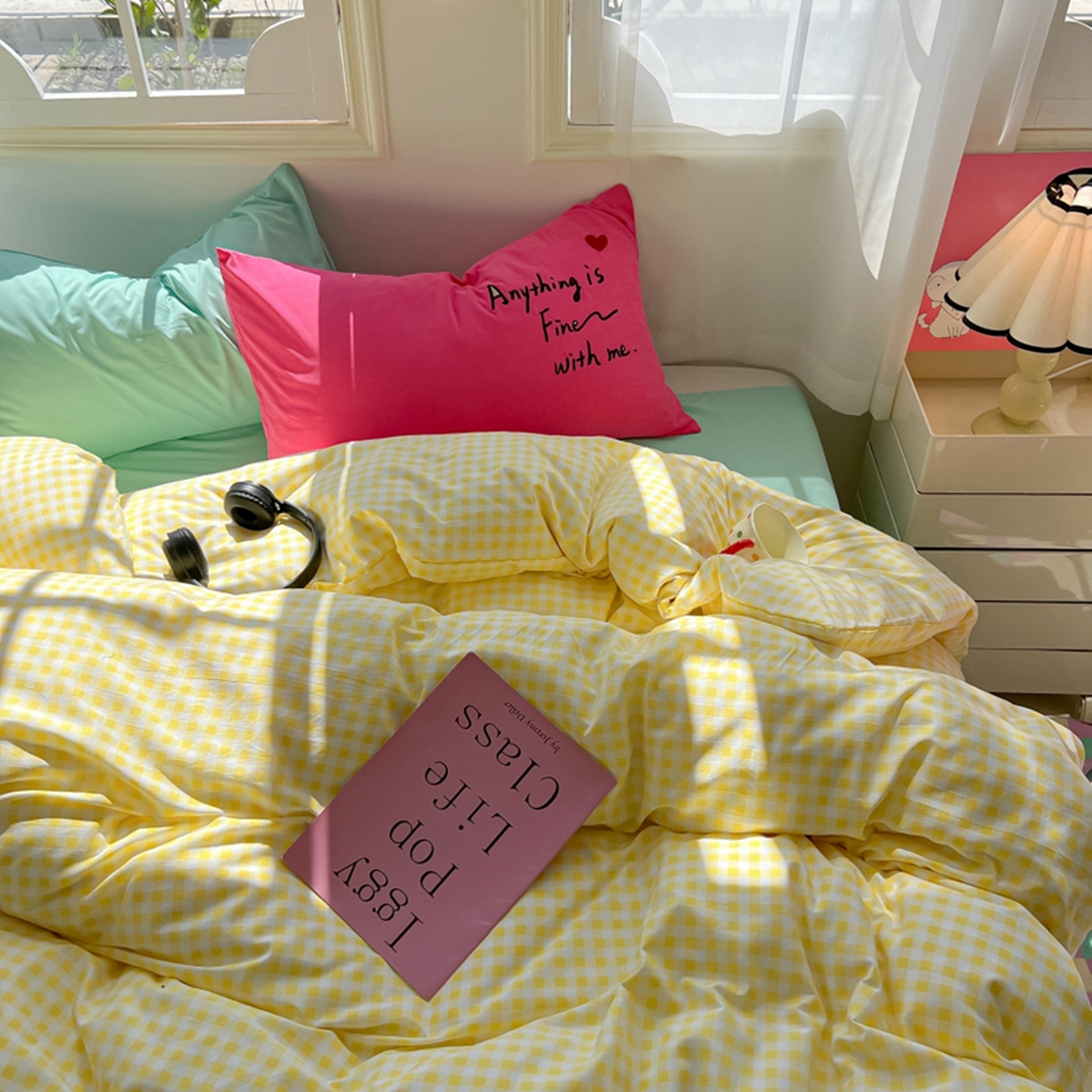 91家纺网 家纺一手货源 找家纺 （总）子钦家纺 2025新款云朵棉针织棉开学季混搭INS风学生宿舍床单床笠四件套-小清新