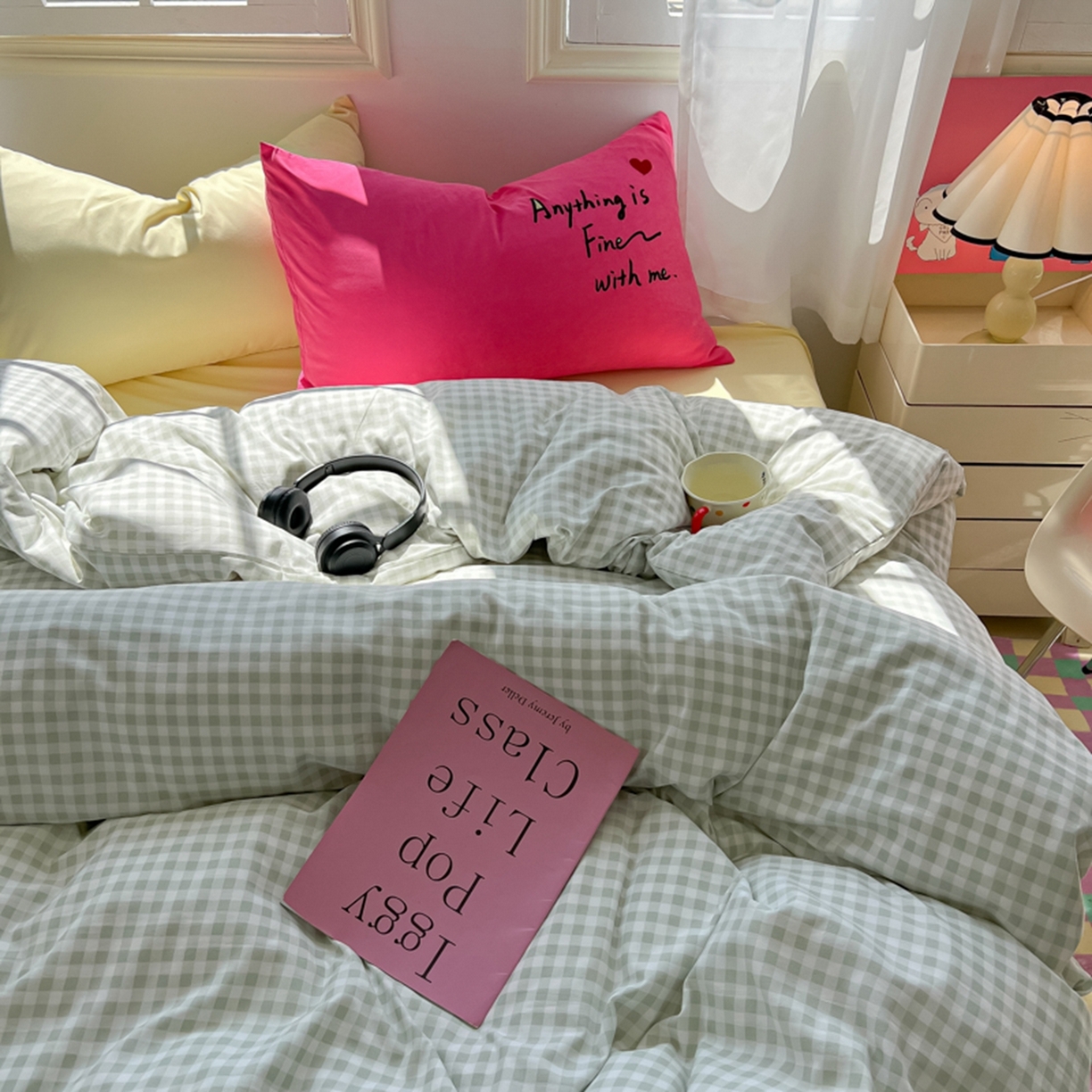 91家纺网 家纺一手货源 找家纺 （总）子钦家纺 2025新款云朵棉针织棉开学季混搭INS风学生宿舍床单床笠四件套-小清新