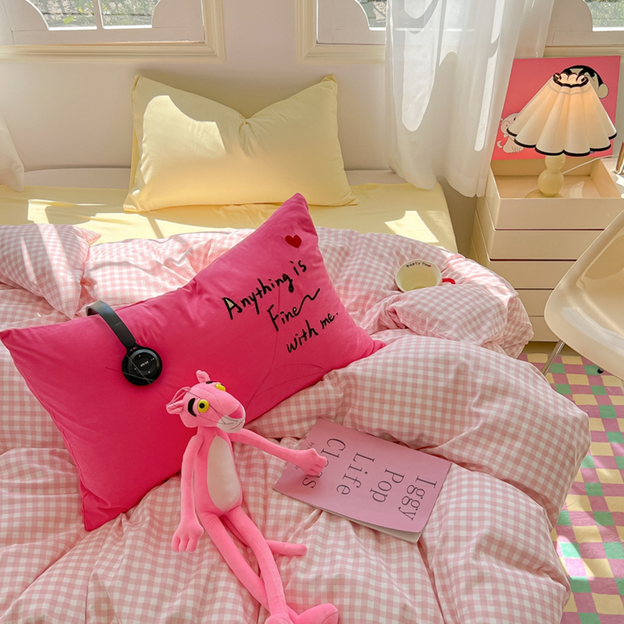 91家纺网 家纺一手货源 找家纺 （总）子钦家纺 2025新款云朵棉针织棉开学季混搭INS风学生宿舍床单床笠四件套-小清新