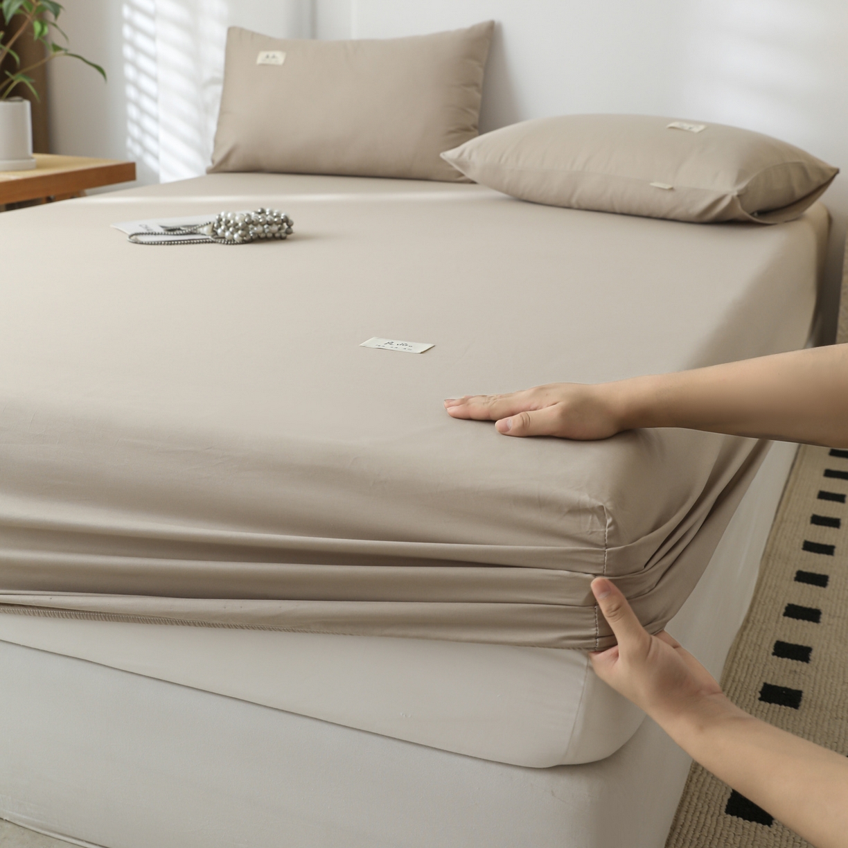 91家纺网 家纺一手货源 找家纺 眠博士 2025新款轻奢简约40s全棉纯棉纯色单床笠 床笠单件 床笠-杏色