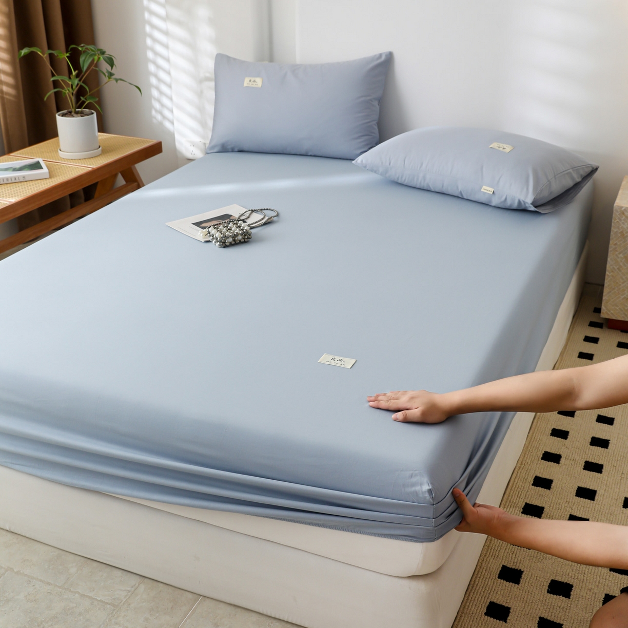 91家纺网 家纺一手货源 找家纺 眠博士 2025新款轻奢简约40s全棉纯棉纯色单床笠 床笠单件 床笠-浅蓝