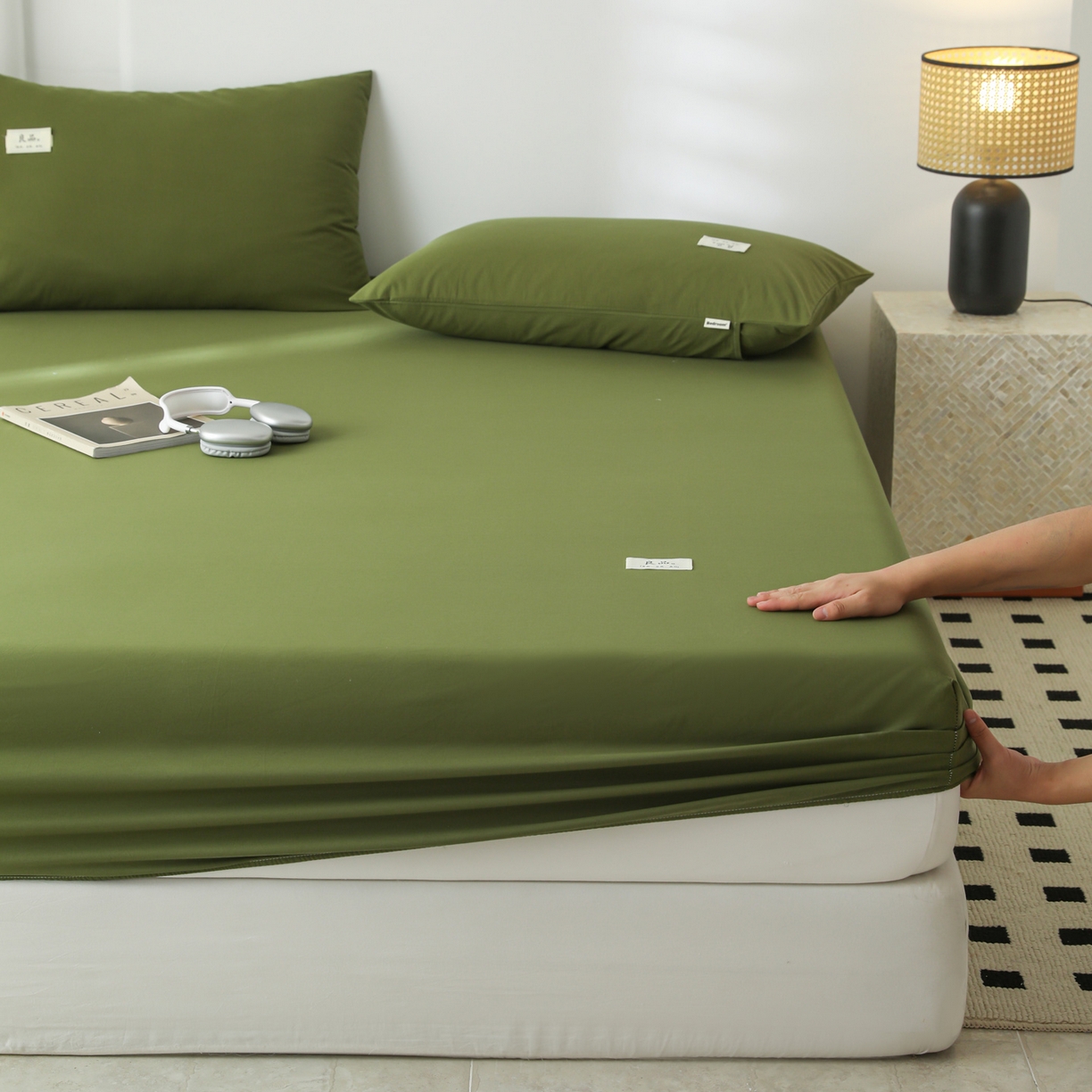91家纺网 家纺一手货源 找家纺 眠博士 2025新款轻奢简约40s全棉纯棉纯色单床笠 床笠单件 床笠-军绿