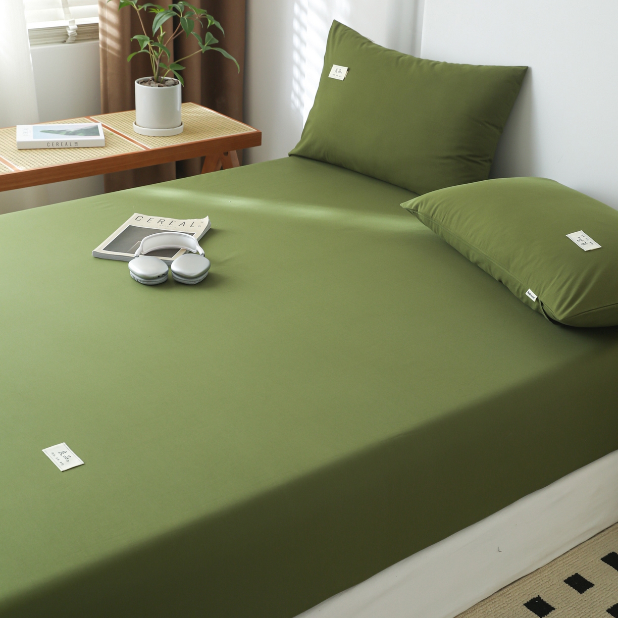 91家纺网 家纺一手货源 找家纺 眠博士 2025新款轻奢简约40s全棉纯棉纯色单床笠 床笠单件 床笠-军绿