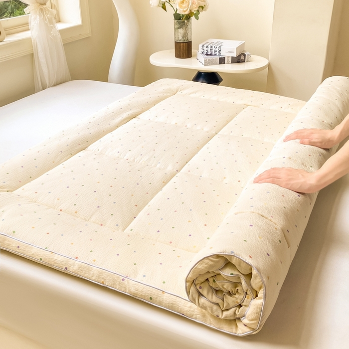 91家纺网 家纺一手货源 找家纺 仟网汇 2025新款云感皱皱纱双层纱棉花立体床垫 彩波点