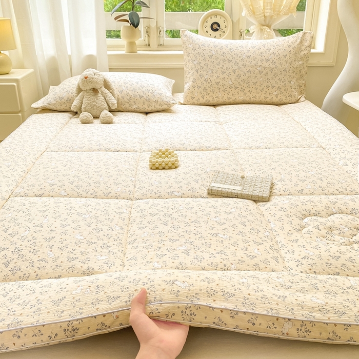 91家纺网 家纺一手货源 找家纺 仟网汇 2025新款云感皱皱纱双层纱棉花立体床垫 花间兔