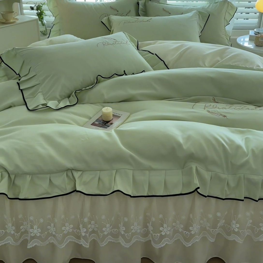 91家纺网 家纺一手货源 找家纺 柔享家（原芷澜家纺） 2025新款水洗棉磨毛系列四件套-恩格斯 嫩绿+米黄