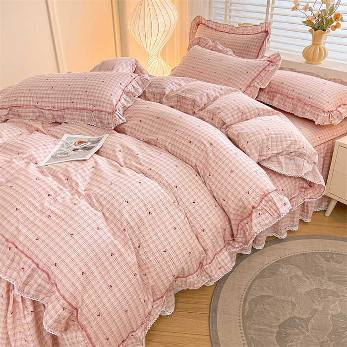 91家纺网 家纺一手货源 找家纺 2025新款韩版全棉公主风床裙单品 卡曼粉