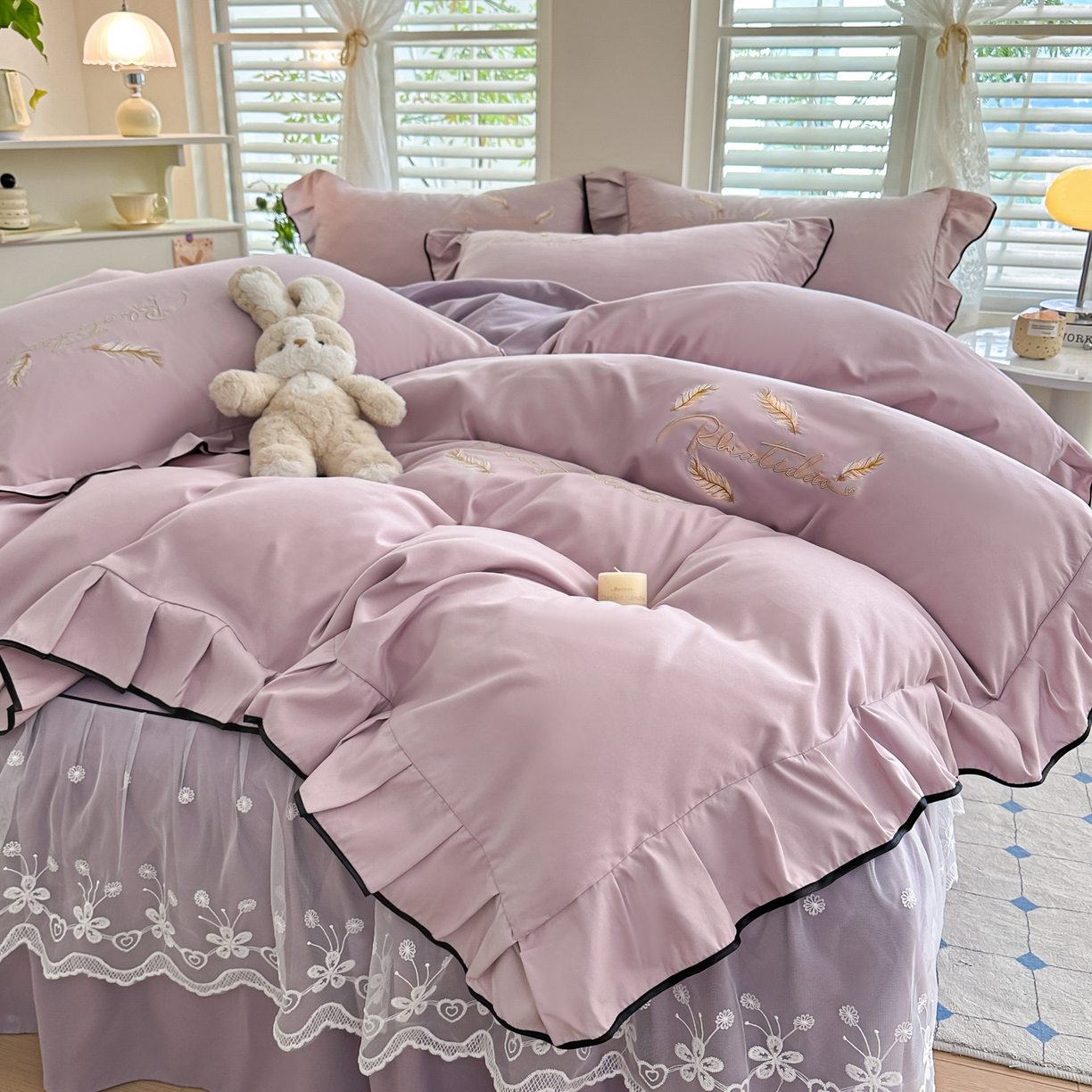 91家纺网 家纺一手货源 找家纺 柔享家（原芷澜家纺） 2025新款水洗棉磨毛系列四件套-恩格斯 丁香紫+香芋紫