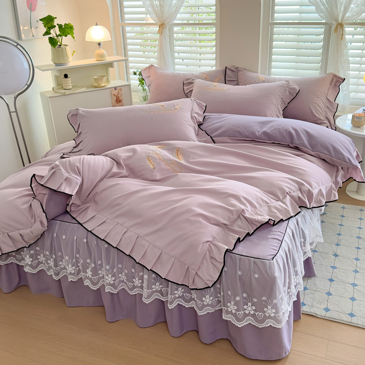 91家纺网 家纺一手货源 找家纺 柔享家（原芷澜家纺） 2025新款水洗棉磨毛系列四件套-恩格斯 丁香紫+香芋紫