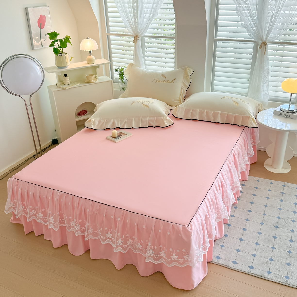 91家纺网 家纺一手货源 找家纺 柔享家（原芷澜家纺） 2025新款水洗棉磨毛系列四件套-恩格斯 米黄+粉玉