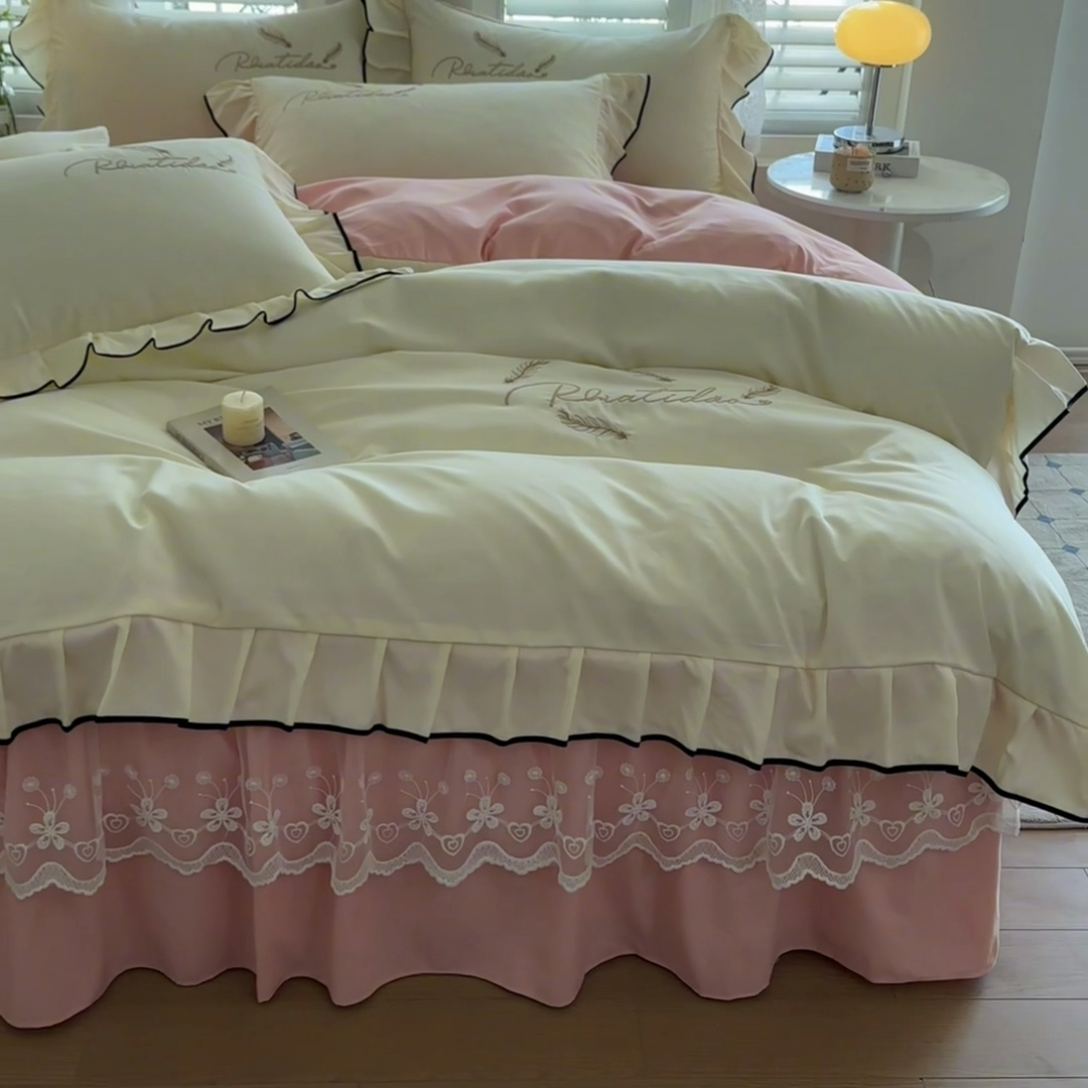 91家纺网 家纺一手货源 找家纺 柔享家（原芷澜家纺） 2025新款水洗棉磨毛系列四件套-恩格斯 米黄+粉玉