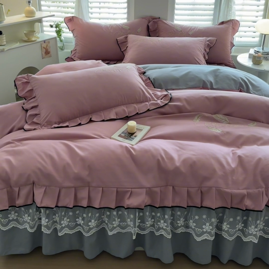 91家纺网 家纺一手货源 找家纺 柔享家（原芷澜家纺） 2025新款水洗棉磨毛系列四件套-恩格斯 豆沙+浅灰