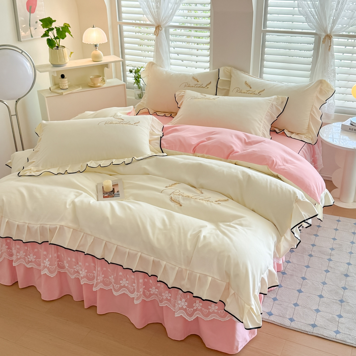 91家纺网 家纺一手货源 找家纺 柔享家（原芷澜家纺） 2025新款水洗棉磨毛系列四件套-恩格斯 米黄+粉玉