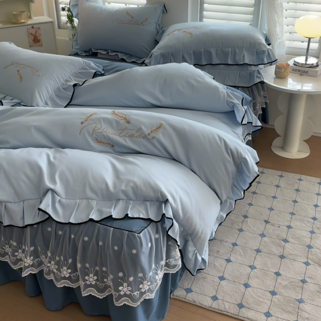 91家纺网 家纺一手货源 找家纺 柔享家（原芷澜家纺） 2025新款水洗棉磨毛系列四件套-恩格斯 天际蓝+宝石蓝