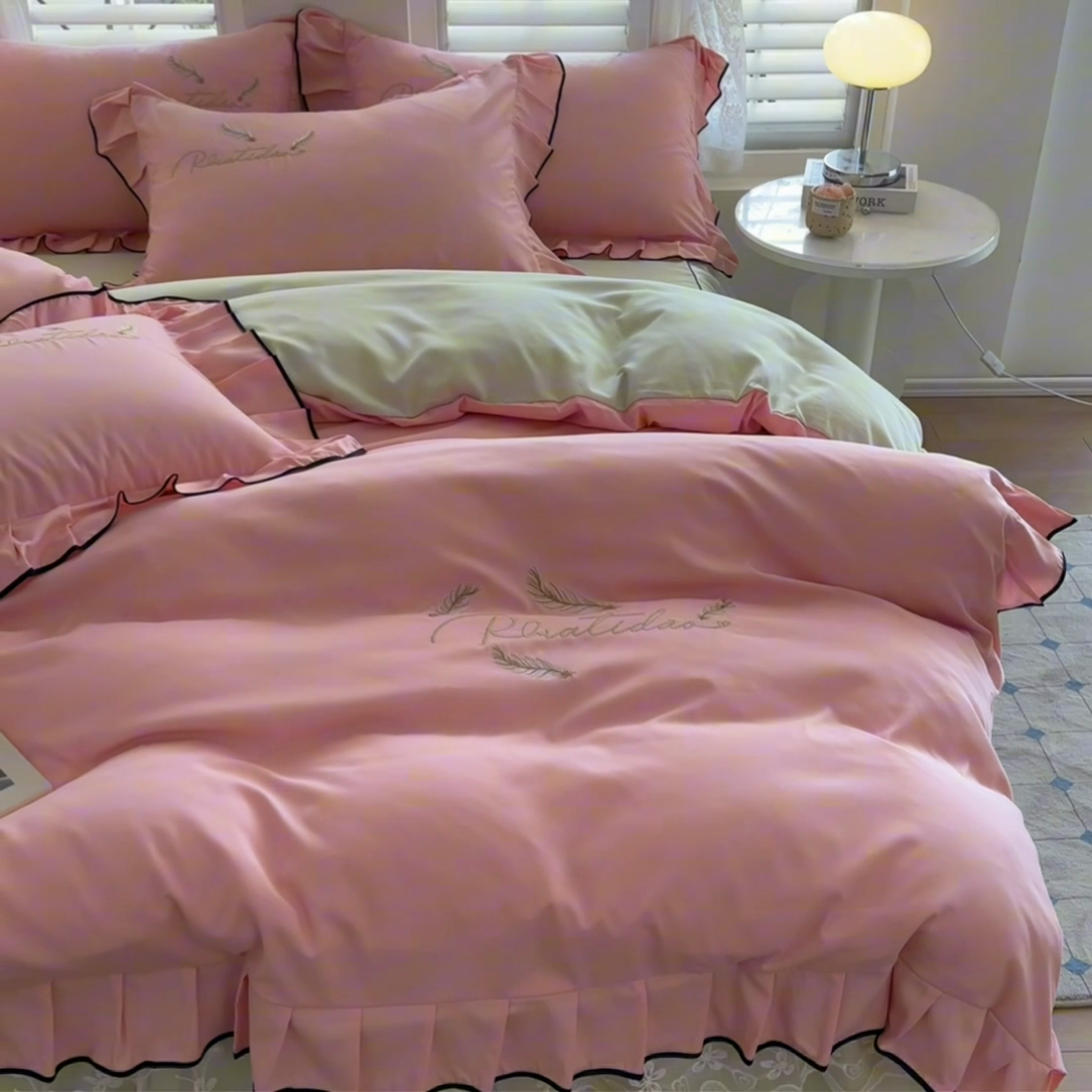 91家纺网 家纺一手货源 找家纺 柔享家（原芷澜家纺） 2025新款水洗棉磨毛系列四件套-恩格斯 粉玉+嫩绿