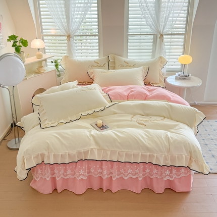 柔享家（原芷澜家纺） 2025新款水洗棉磨毛系列四件套-恩格斯 米黄+粉玉