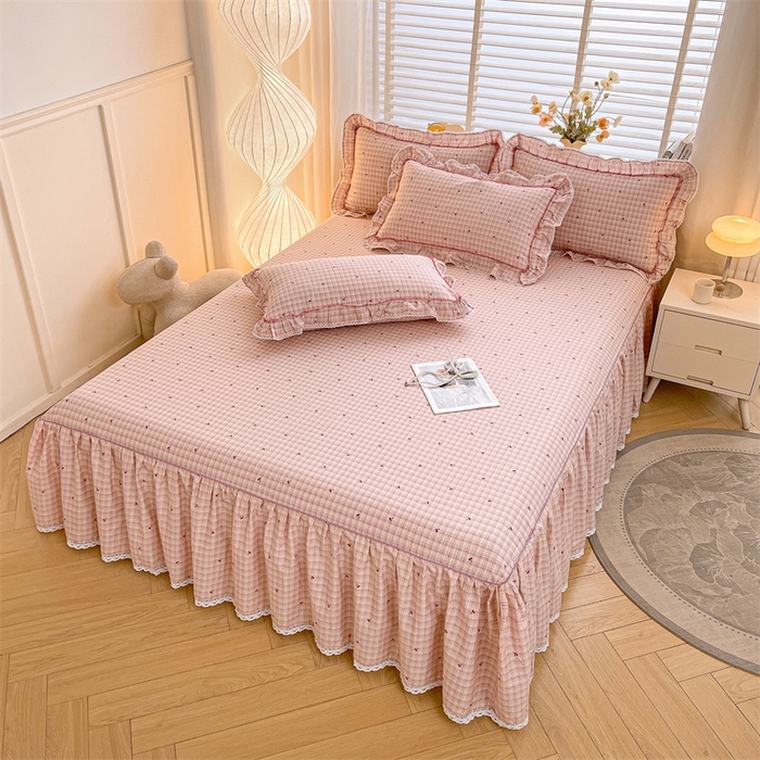 91家纺网 家纺一手货源 找家纺 2025新款韩版全棉公主风床裙单品 卡曼粉