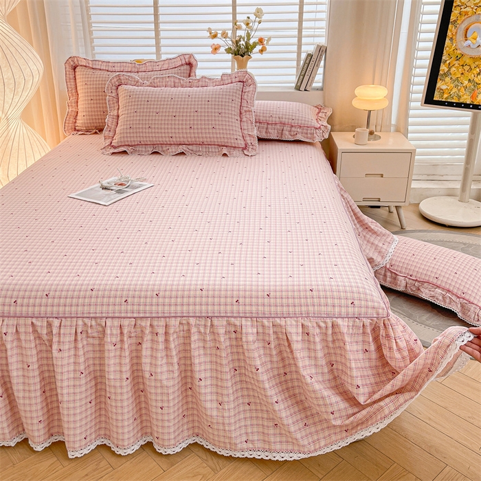 91家纺网 家纺一手货源 找家纺 2025新款韩版全棉公主风床裙单品 卡曼粉