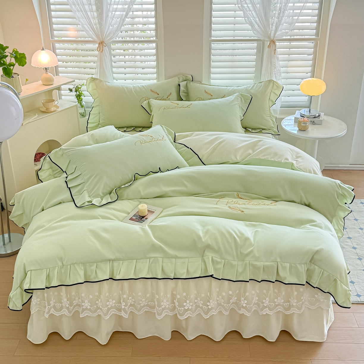 91家纺网 家纺一手货源 找家纺 柔享家（原芷澜家纺） 2025新款水洗棉磨毛系列四件套-恩格斯 嫩绿+米黄