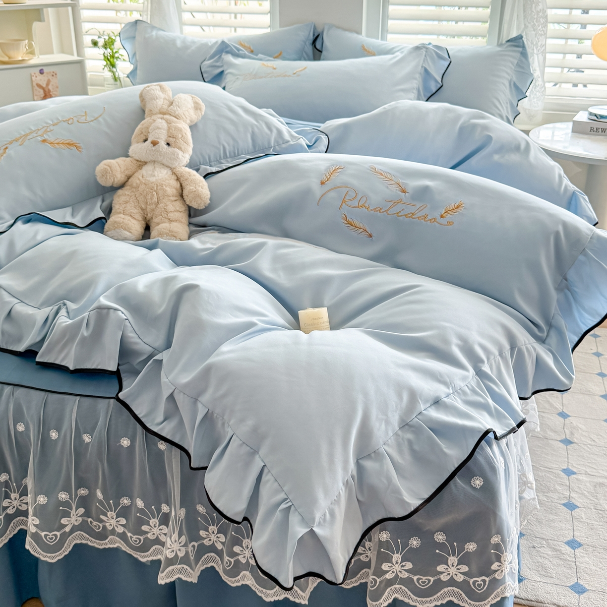 91家纺网 家纺一手货源 找家纺 柔享家（原芷澜家纺） 2025新款水洗棉磨毛系列四件套-恩格斯 天际蓝+宝石蓝