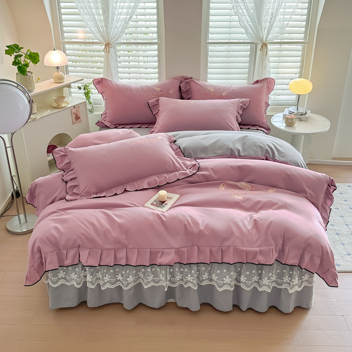 91家纺网 家纺一手货源 找家纺 柔享家（原芷澜家纺） 2025新款水洗棉磨毛系列四件套-恩格斯 豆沙+浅灰