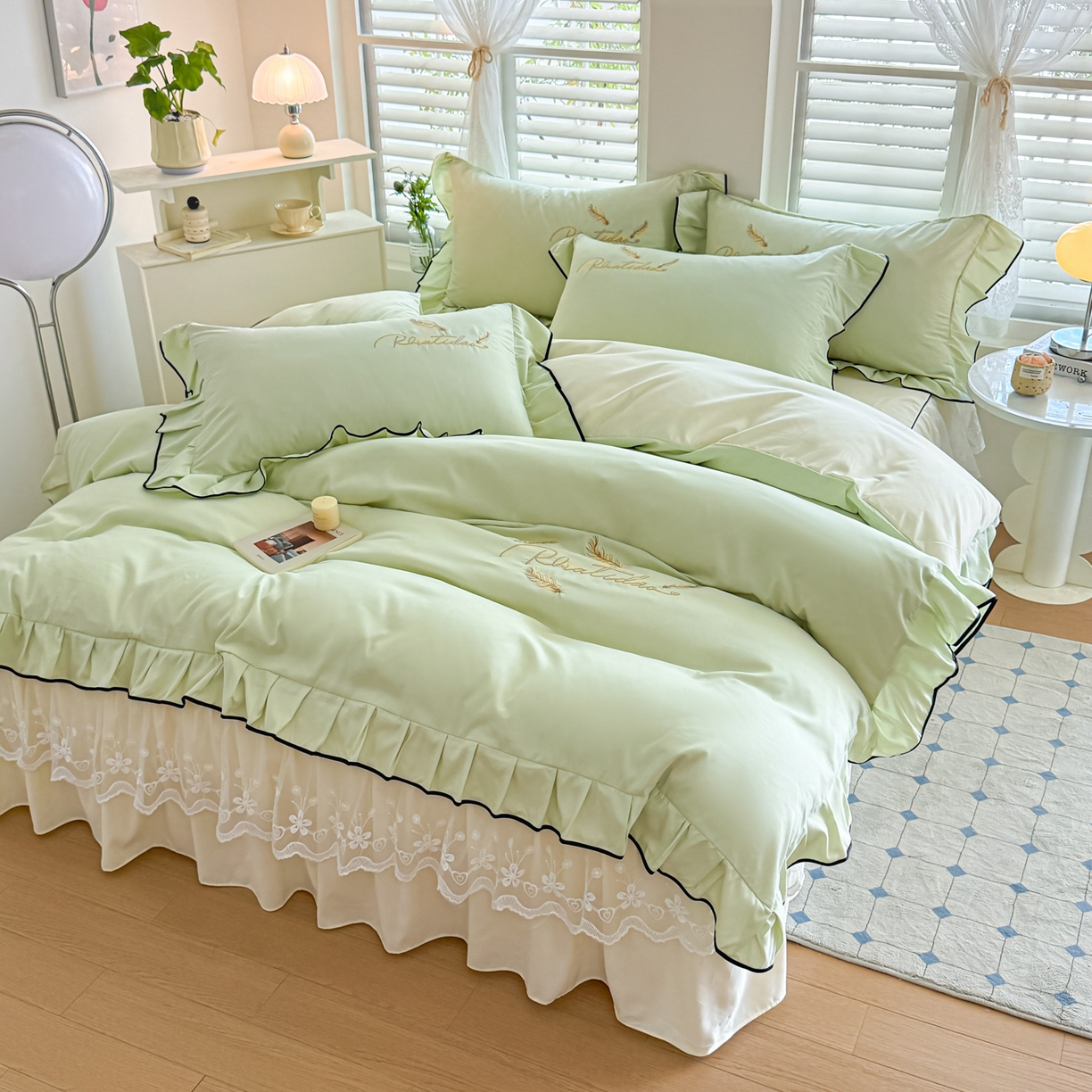 91家纺网 家纺一手货源 找家纺 柔享家（原芷澜家纺） 2025新款水洗棉磨毛系列四件套-恩格斯 嫩绿+米黄