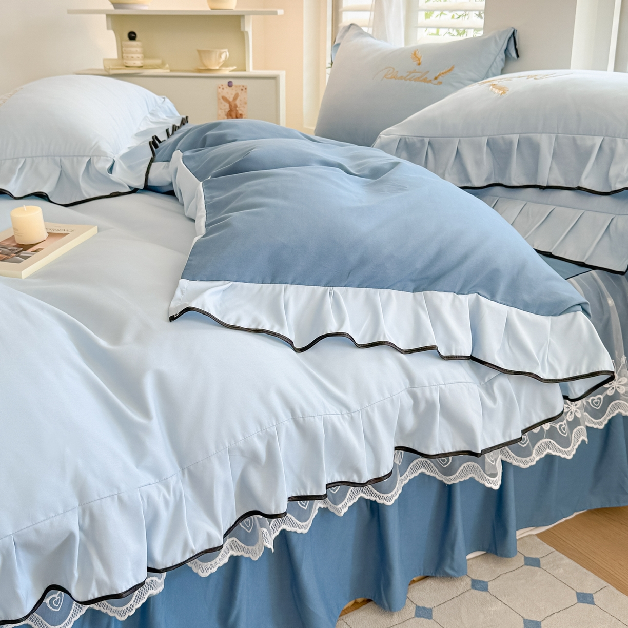 91家纺网 家纺一手货源 找家纺 柔享家（原芷澜家纺） 2025新款水洗棉磨毛系列四件套-恩格斯 天际蓝+宝石蓝