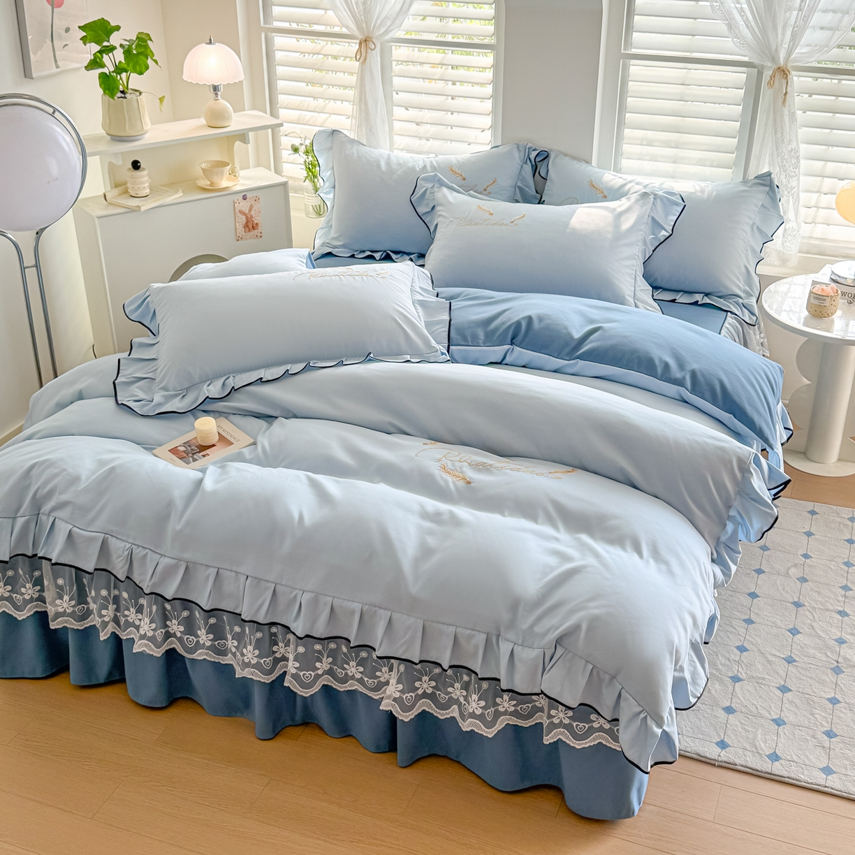 91家纺网 家纺一手货源 找家纺 柔享家（原芷澜家纺） 2025新款水洗棉磨毛系列四件套-恩格斯 天际蓝+宝石蓝