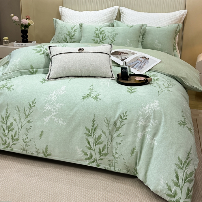 91家纺网 家纺一手货源 找家纺 凌鼎 2025新款100%全棉磨毛四件套数码印花加厚纯棉磨毛四件套 叶初开绿