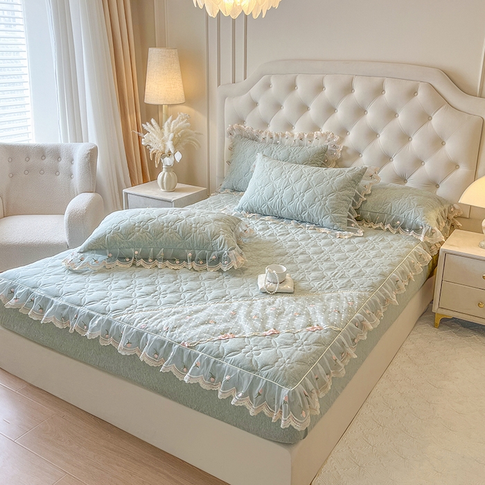 91家纺网 家纺一手货源 找家纺 麒豆豆 2025新款色织蕾丝边床裙款床笠-花亦然 花亦然-石青