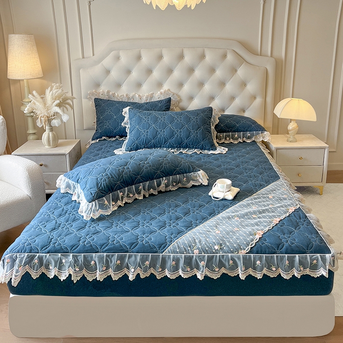 91家纺网 家纺一手货源 找家纺 麒豆豆 2025新款色织蕾丝边床裙款床笠-花亦然 花亦然-宝石蓝