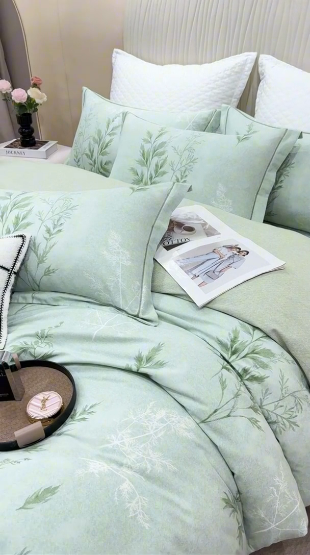 91家纺网 家纺一手货源 找家纺 凌鼎 2025新款100%全棉磨毛四件套数码印花加厚纯棉磨毛四件套 叶初开绿