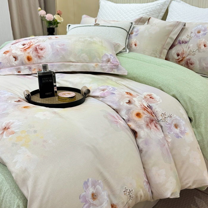 91家纺网 家纺一手货源 找家纺 凌鼎 2025新款100%全棉磨毛四件套数码印花加厚纯棉磨毛四件套 颜玉绿