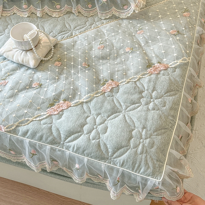 91家纺网 家纺一手货源 找家纺 麒豆豆 2025新款色织蕾丝边床裙款床笠-花亦然 花亦然-石青