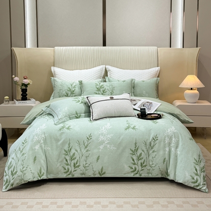 凌鼎 2025新款100%全棉磨毛四件套数码印花加厚纯棉磨毛四件套 叶初开绿