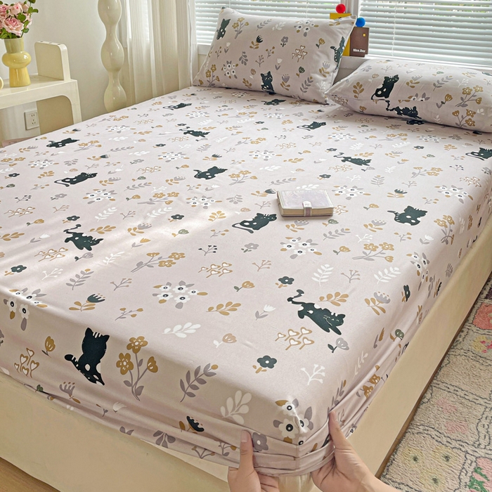 极梦家纺 2025新款磨毛植物羊绒印花单床笠三件套学生宿舍 丛林猫床笠款