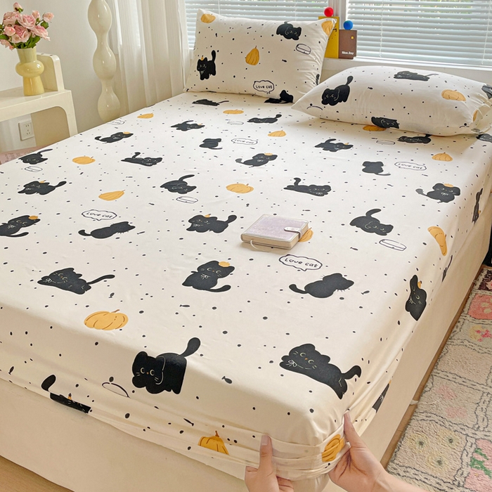 极梦家纺 2025新款磨毛植物羊绒印花单床笠三件套学生宿舍 南瓜小猫床笠款