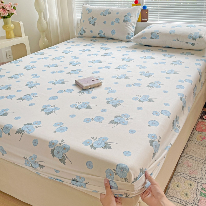 极梦家纺 2025新款磨毛植物羊绒印花单床笠三件套学生宿舍 蓝樱花语床笠款