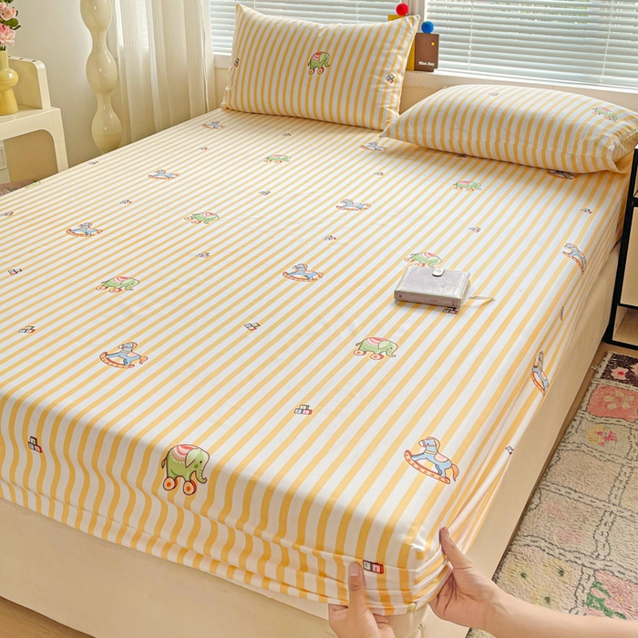 极梦家纺 2025新款磨毛植物羊绒印花单床笠三件套学生宿舍 黄条小象床笠款